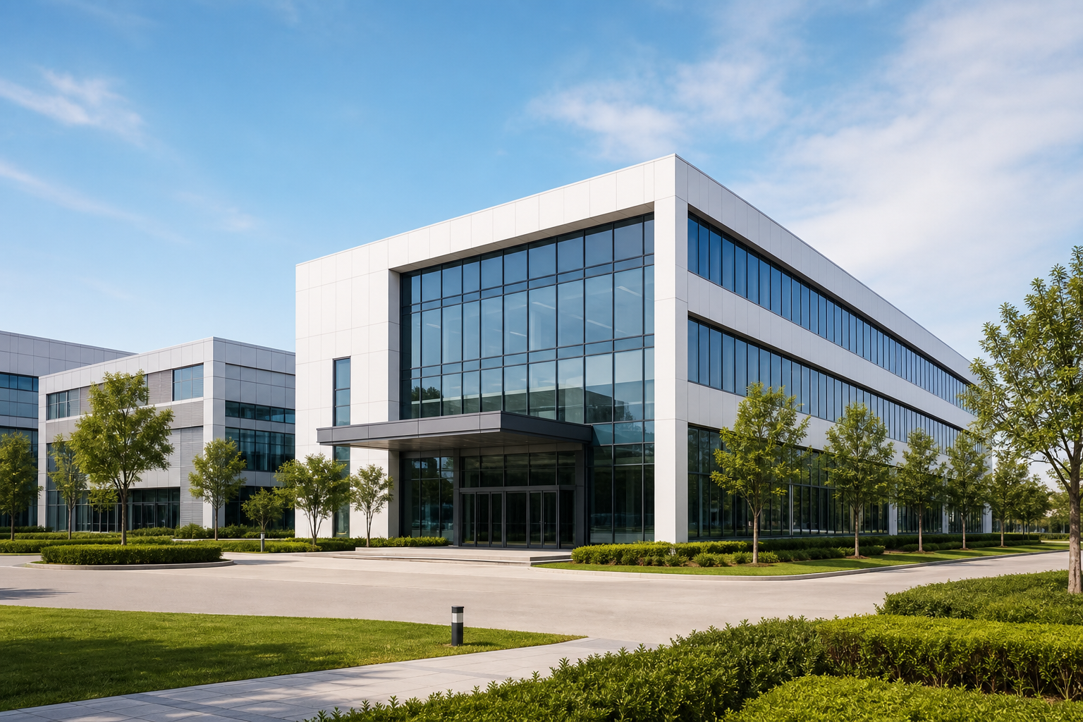 Modern corporate campus for an audio equipment company